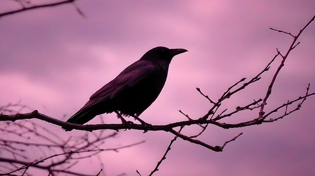 A solitary crow perches serenely on a bare branch against a dramatic, dusky lavender sky.