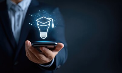 Businessman holding phone with digital lightbulb and graduation cap graphic