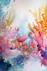 Watercolor Coral Reef Painting Vibrant Marine Life Artwork
