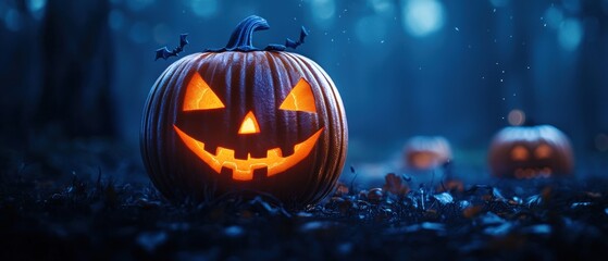 Fototapeta premium Spooky illuminated jack-o'-lanterns in a misty forest