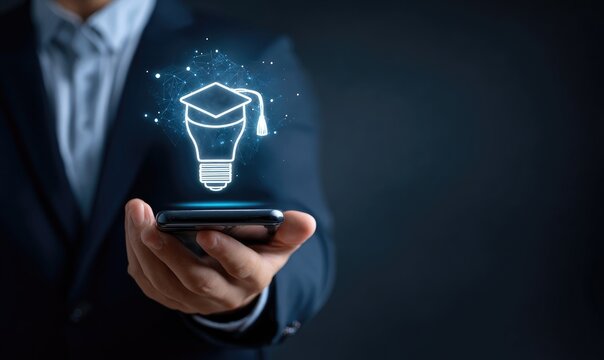 Businessman holding phone with digital lightbulb and graduation cap graphic