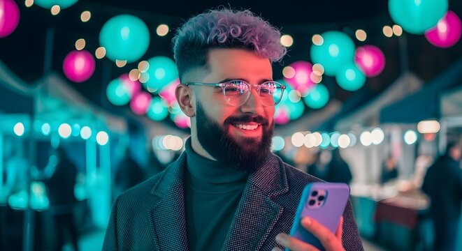 Enjoying a festive evening while engaging with a smartphone at a lively market