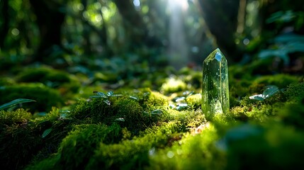 Fototapeta premium A luminous crystal stands tall amidst a carpet of vibrant green moss in a sunlit forest.