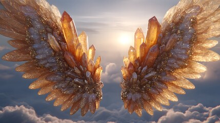 A pair of magnificent, crystal-studded wings, bathed in golden sunlight, soars majestically through a sky filled with soft clouds.