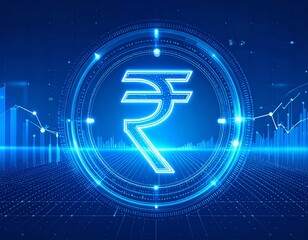 Rupees icon surrounded by digital interface elements representing finance, on a blue 