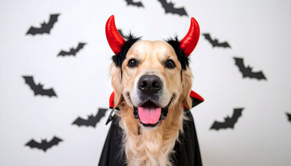 Happy Dog Wearing Red Horns with Halloween Bat Background
