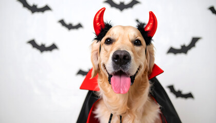 Golden Retriever Halloween Costume Party with Spooky Decorations
