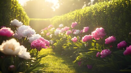 A dense garden of peonies and lilies with soft sunlight filtering through tall hedges 
