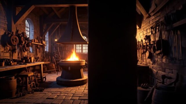 Immersive blacksmith workshop with glowing forge, crafting tools and cozy atmosphere, perfect for