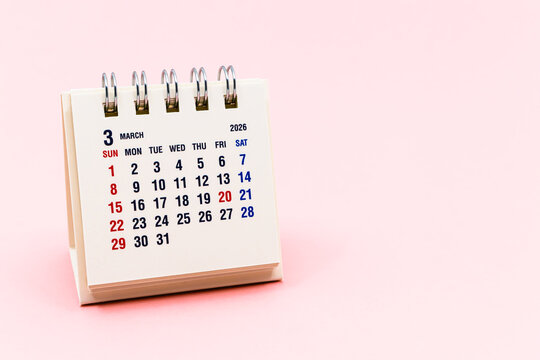 2026年3月カレンダー　日本の3月卓上カレンダー　祝日祭日休日連休　ピンク背景