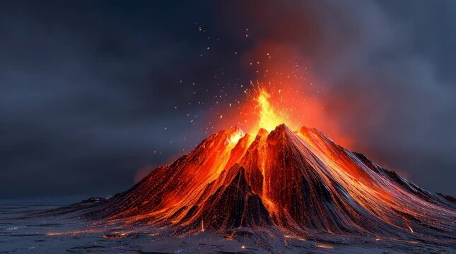 Volcano eruption night glowing molten lava flowing down mountain slopes with fiery ash and sparks bursting into dark sky creating dramatic fire scene
