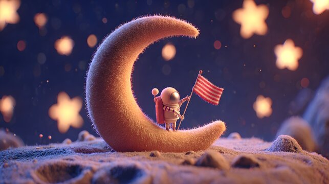 A small astronaut sits atop a fluffy crescent moon, waving an American flag under a starlit night sky. - Powered by Adobe