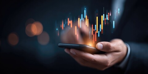 Hand holding smartphone with financial data overlay