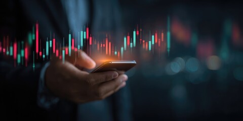 Close-up of hands holding a phone with stock market graphs overlaid