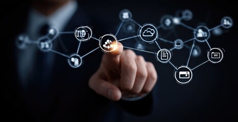 Businessman interacting with a holographic network of interconnected data icons