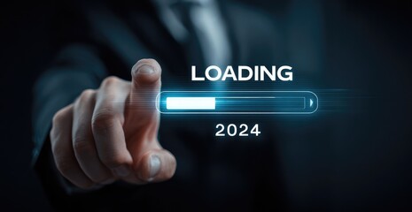 A person in a suit touches a futuristic loading bar for 2024