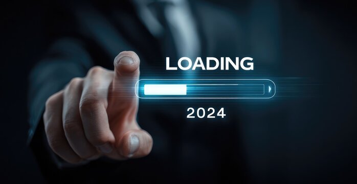 A person in a suit touches a futuristic loading bar for 2024 - Powered by Adobe