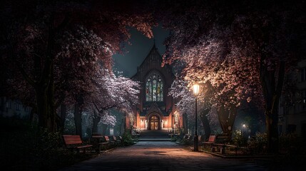 A serene, nighttime scene portrays a church enveloped by blossoming trees, bathed in soft light from street lamps.