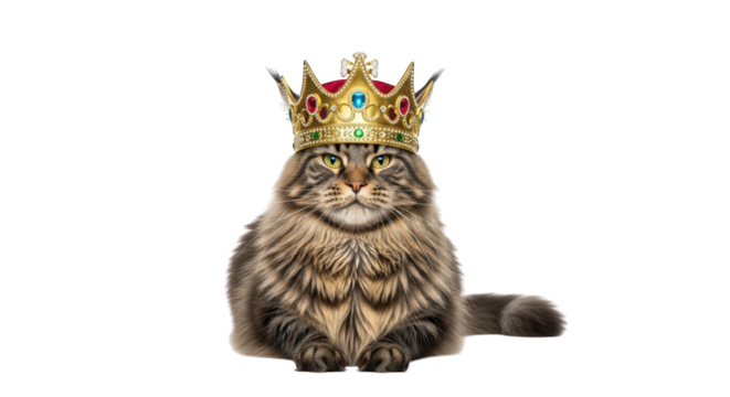 A fluffy maine coon cat sitting regally with a golden crown on its head, looking majestic and proud, isolated on transparent background