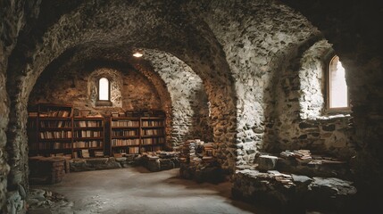 Fototapeta premium An ancient stone library, filled with aged books, bathed in pale sunlight streaming through a high arched window.