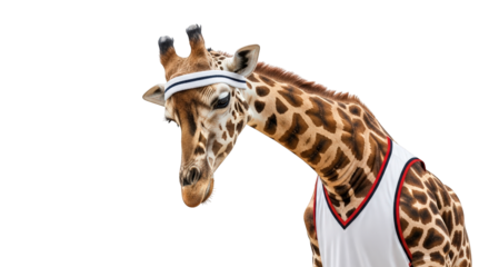 A giraffe wearing a white basketball jersey and a sweatband, looking down and to the side, isolated on transparent background