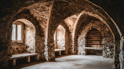 Fototapeta premium A dimly lit, stone-walled library, with arched alcoves and rows of books, exudes a sense of history and quiet contemplation.