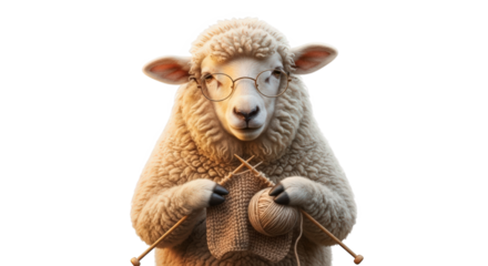 A fluffy sheep wearing glasses and knitting with yarn and needles, looking at the camera with a calm expression, isolated on transparent background