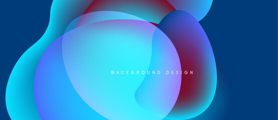 Abstract fluid shapes overlap, creating vibrant blue, purple, red gradients. Modern design element for backgrounds, presentations.
