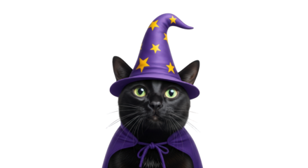 A black cat wearing a purple wizard hat with yellow stars and a matching cape, looking directly at the camera with green eyes, isolated on transparent background