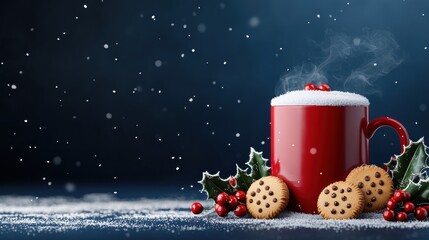 Festive red mug with cookies and holly in a snowy scene