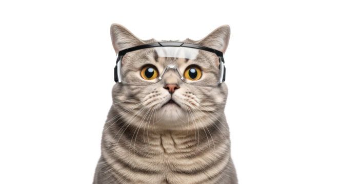 A curious tabby cat wearing a futuristic vr headset and glasses, looking directly at the camera with a serious expression, isolated on transparent background