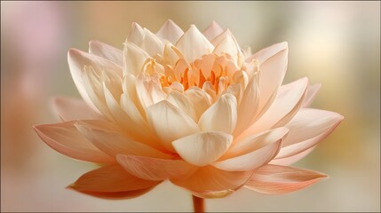 Fototapeta premium A delicate, peach-toned lotus flower, in soft focus, showcases intricate details and a serene atmosphere.