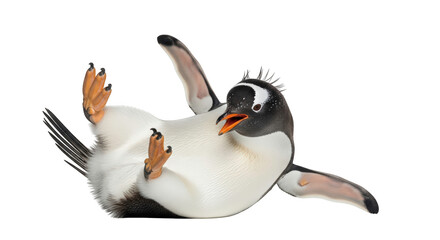 A gentoo penguin is captured in a humorous pose, lying on its back with its flippers in the air, isolated on a clean transparent background