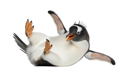 A gentoo penguin is captured in a humorous pose, lying on its back with its flippers in the air, isolated on a clean transparent background