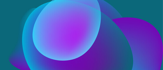 Abstract background features overlapping circles. Colors blend from turquoise to vibrant purple, creating smooth gradients. Modern design element.