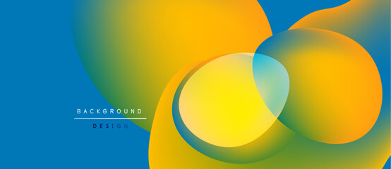 Abstract vibrant background. Overlapping circles, fluid shapes, yellow, blue, green hues create dynamic visual effect. Modern design element.