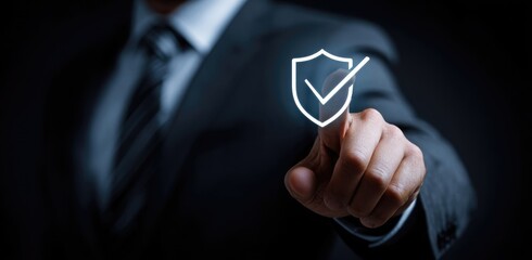 Businessman in suit touches a virtual shield with a check mark