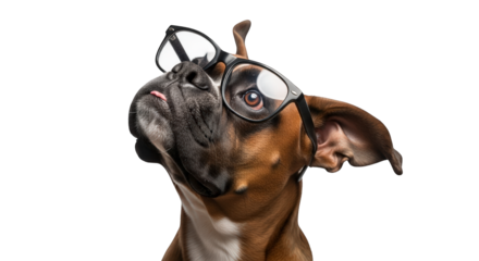 A boxer dog wearing glasses and sticking its tongue out, isolated on a transparent background