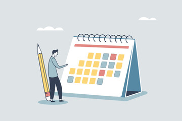 Calendar schedule, event or meeting reminder, date time planning, work deadline or appointment, due date organizer weekly review concept, businessman hold pencil thinking with calendar schedule plan. 