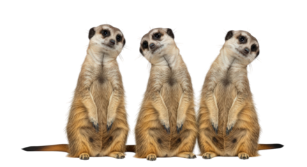 Three meerkats sitting upright and looking in different directions, isolated on transparent background