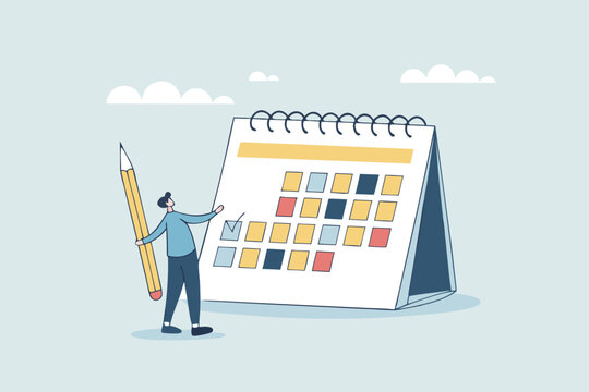 Calendar schedule, event or meeting reminder, date time planning, work deadline or appointment, due date organizer weekly review concept, businessman hold pencil thinking with calendar schedule plan.  - Powered by Adobe