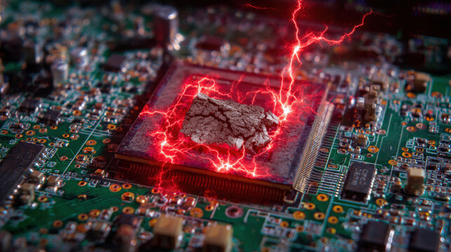 Macro close-up of smoking CPU with red glowing cracks and sparks on motherboard showing severe hardware malfunction
