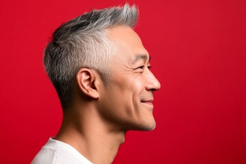 Obraz premium Elegant men's fade haircut - midlife southeast asian man with short hair. Red solid background. A joyful male captured in a professional portrait. Creative of style for aging men.
