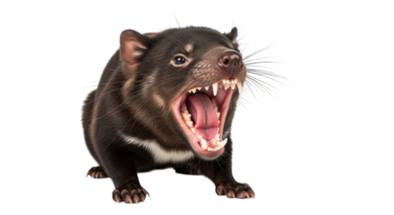 A tasmanian devil with its mouth wide open, showing sharp teeth and aggressive posture, isolated on transparent background