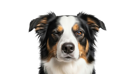 A border collie dog winking with one eye, looking directly at the camera with a playful and intelligent expression, isolated on transparent background