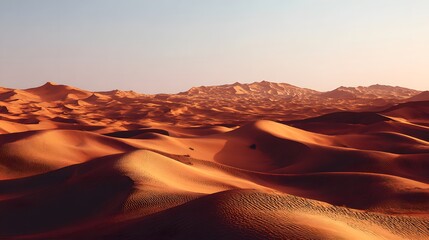 Naklejka premium Vast, rolling sand dunes stretch into the distance under a pale, clear sky, bathed in warm sunlight.