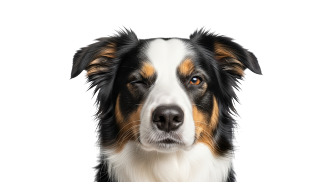 A border collie dog winking with one eye, looking directly at the camera with a playful and intelligent expression, isolated on transparent background