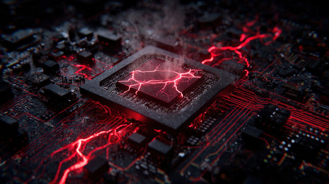 Macro close-up of smoking CPU with red glowing cracks and sparks on motherboard showing severe hardware malfunction