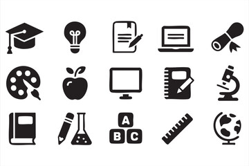 Academic and School Icon Collection Featuring Graduation, Books, and Science Symbols