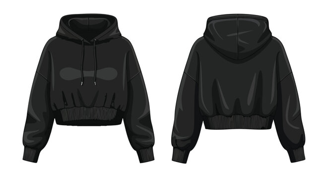 Elegant black cropped hoodie illustration showcasing front and back designs, perfect for showcasing fashion styles and casual urban apparel details